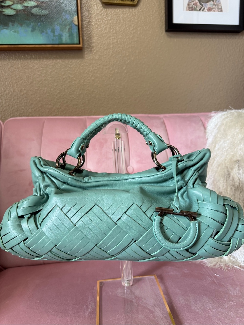 💯Auth! Salvatore Ferragamo Sofia Green Woven Leather Top-Handle Bag Gunmetal HW